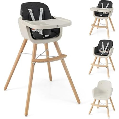 BABY JOY Baby High Chair, 3-in-1 Convertible Wooden Highchair for Babies & Toddlers, Infant Feeding Chair w/ 5-Point Safety Harness, Footrest, Adjustable Legs, Removable Tray & PU Cushion (Black)