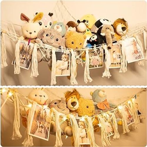 Stuffed Animal Net or Hammock with LED Light, Hanging Corner Net for Stuffed Animal Storage, Stuffed Animal Hammock Holder with 8 Photo Clips, Plushies Organizer for Bedroom Nursery Crib Kindergarten