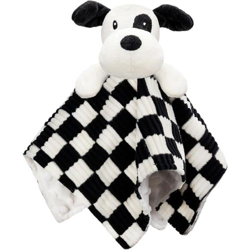 Baby Lovey Blanket for Boys Girls Super Soft Checkerboard Gingham with Minky Dot Fabric Backing Puppy Lovely Black 14Inch