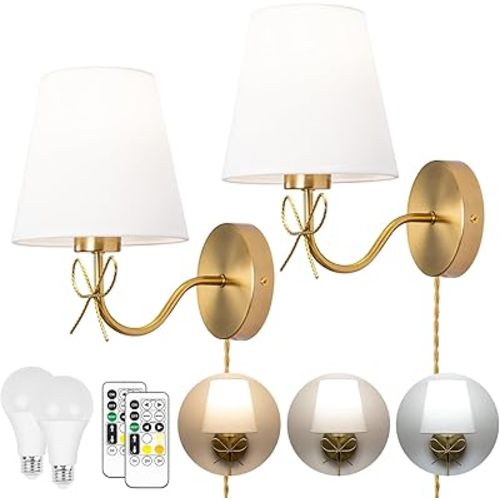 TREELAND Antique Brass Bow Wall Sconces with 110V Dimmable Remote Bulb, 3 Color Tempture, Timmer Function, Hardwire or Plug-in Cord Set of Two Vintage Gold Wall Lamp Light for Bedroom Living Room