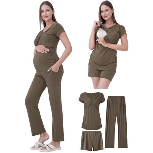 Maternity Nursing Pajamas Set 3PCS, Breastfeeding Tops, Adjustable Shorts & Pants, Postpartum Hospital Bag Essentials