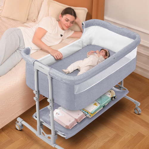 Babyeap Baby Bassinet, Bedside Sleeper For Newborns, Adjustable Height, Mesh, 3-in-1 Convertible, Light Grey