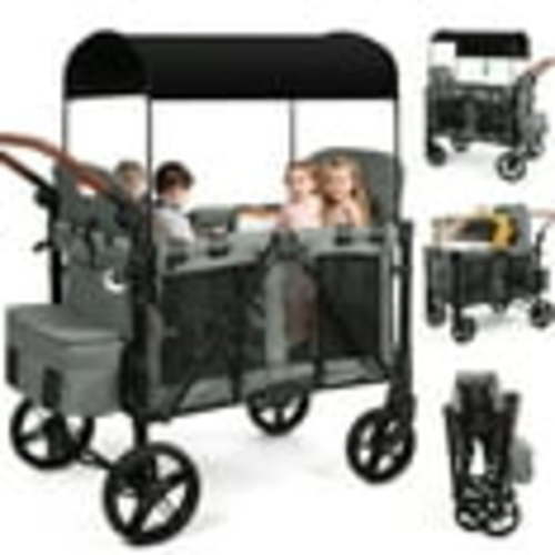 Vomeast Wagon Stroller for 4 Kids, 3-in-1 Wagon Stroller with Canopy, 5-Point Harness, Adjustable Handlebars, Removable Seat for Toddlers, Grey