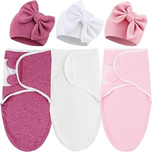 DRESHOW BQUBO 3 Pack Baby Swaddle Sleep Sacks Baby Swaddle Blanket Wrap Newborn Swaddle Sack with Big Bow Hat for Baby Boys Girls 6-12 Lbs Newborns & 0-3 Months Girls Boys