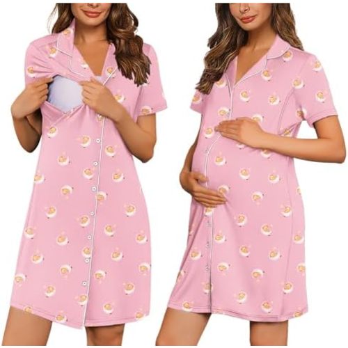 Ekouaer Button Down Nursing Nightgown V Neck Breastfeeding Dress Short Sleeve Classic Maternity Pajamas