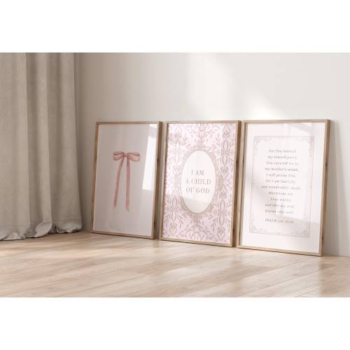 Pink Nursery Decor, Christian Wall Art Set of 3, Psalm 139, Baby Girls Room, I am a Child of God, Pink Coquette Wall Art, Digital Download
