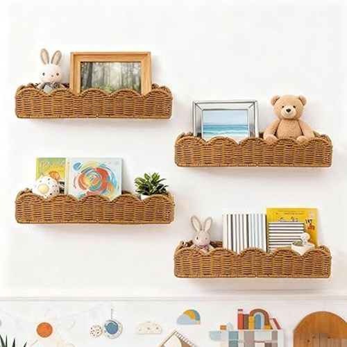 Nursery Book Shelves Set of 4 - Artisanal Natural Rattan Scalloped Book Shelf for Kids Rooms 15.8" W, Cute Wicker Nursery Bookshelf Wall Mounted, Handwoven Floating Kids Bookshelf, Baby Boho Decor