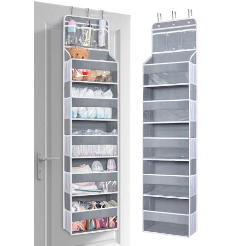 BLOROOM Over the Door Organizer Hanging Storage with 3 Clear Slip Pockets and 5 Large Pockets for Closet Door Organization - Heavy Duty for Bathroom, Pantry, Bedroom, Nursery