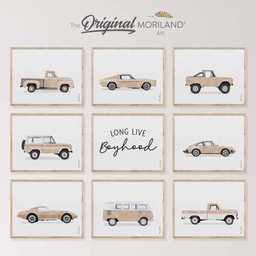 Beige Classic Cars Art Prints - Printable Set of 9, Long Live Boyhood Sign, Car Poster, Boy Nursery Décor, LAND176 | MORILAND®