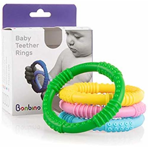 Bonbino Teether Rings - (4 Pack) Silicone Sensory Teething Rings - Soothes Baby Gum Pain! (Multicolor) - unisex