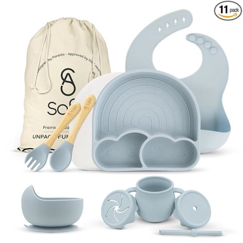 BPA-Free Non-Toxic Silicone Baby Feeding Set – Suction Plate, Bowl, Bib & Cup – 11-Piece Baby Led Weaning Set for Ages 6-18 Months – Eco Gift Bag (Dusty Blue)