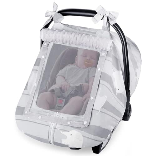 FIOBEE Baby Car Seat Cover, Car Seat Covers for Babies Infant Car Seat Canopy with Breathable Mesh Window Waterproof Carseat Cover for Babies Boy Girl 4 Seasons