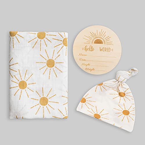 Miaoberry 100% Organic Cotton Baby Muslin Swaddle Blanket Set| Golden Boho Sunrays| Gender Neutral for Boys Girls|Yellow Mustard Orange Sun Rays| Hospital Newborn Receiving Blanket |Newborn Unisex