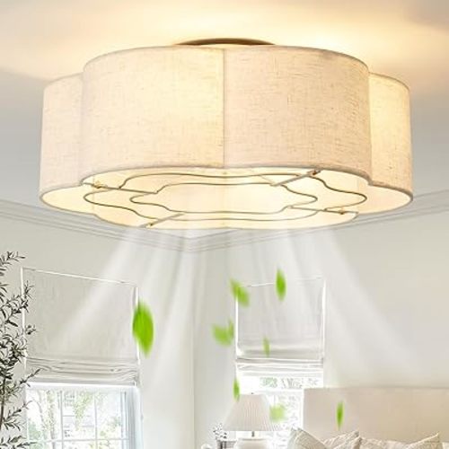 Caged Ceiling Fan with Lights, Flush Mount 20" Boho Ceiling Fans with Lights Remote Control, Low Profile Fabric Bladeless with 6 Speeds for Bedroom, Nursery, Kitchen
