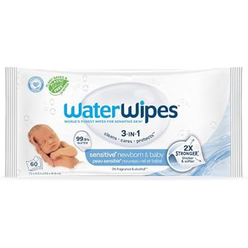 WaterWipes Sensitive+ Newborn & Baby Wipes, 3-In-1 Cleans, Cares, Protects, 99.9% Water, Unscented & Hypoallergenic, 60 Count