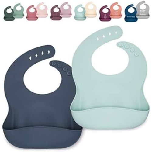 Waterproof Silicone Bib Set with Adjustable Neck Closure - Durable Silicone Bibs for Babies - Set of 2