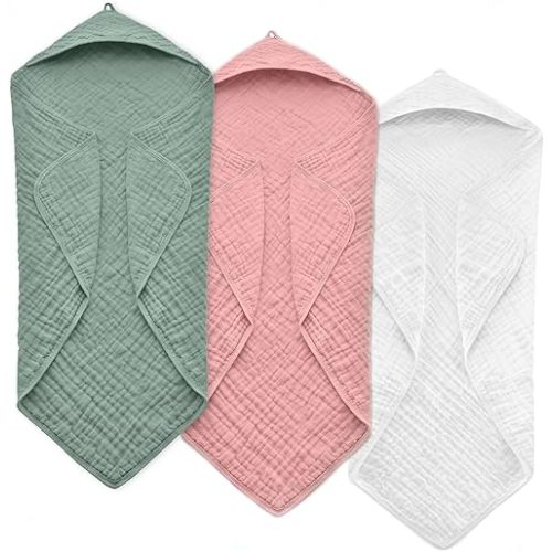 Hooded Baby Towels for Newborn, 35x35 Inch 3 Pack 100% Muslin Cotton Baby Bath Towel, Soft Baby Beach Towels with Hood for Infants, Toddlers and Kids, Essentials Must Haves