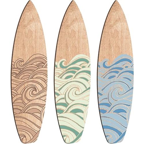 RattanView 3 Pieces Surfboard Wooden Beach Decor for Bedroom Surfboard Wall Decor Summer Surfboard Decor Wood Surfboard Wall Hanging Sign for Tropical Bedroom Living Room Decoration (Wave)