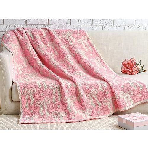 Buryeah Pink Bow Blanket Fall Soft Microfiber Bow Throw Blanket Coquette Aesthetic Preppy Bedding Stuff Plush Cute Dormitory Sofa Bed Room Decor Gifts for Autumn Thanksgiving Christmas, 50"x 60"