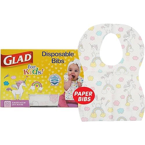 Glad for Kids Unicorn Paper Disposable Bibs with Crumb Catcher for Feeding - Absorbent and Leakproof Eating and Travel Must Haves for Mess-Free Meals, 30 Count