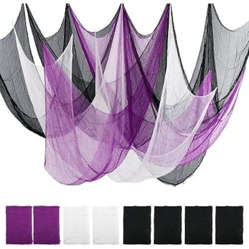 AHEONLAR 8 Pack Halloween Creepy Cloth 30x72 Inch Black White Purple Spooky Fabric Cloth Indoor Outdoor Halloween Decorations for Party Supplies, Home Wall, Doorway, Yard