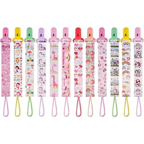 12 Pack Princess Rainbow Unicorn Pacifier Clip for Girls, Cute Magical Printed Pacifier Holder, Secure Clip, Great Baby Girl Shower Gift (Multicolor G 25/26cm)