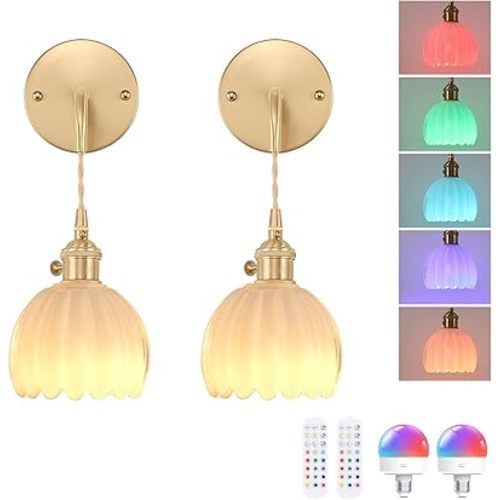 Battery Operated Wall Sconce with White Tulip Shade Pattern Glass Adjustable Chain Retro Gold Wall Mounted Light, Modern Wall Lamp Fixtures Decor for Bedside Bedroom Indoor Doorway,Set of 2