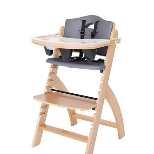 Abiie Beyond Junior Wooden High Chair with Tray - Adjustable and Convertible High Chair for Babies and Toddlers - 6 Months to 250 Lb - Water Resistant - Natural Wood with Dark Grey Cushion