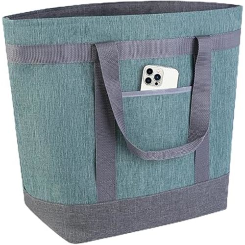 Insulated Reusable Tote Bag for Grocery Shopping for Women/Men, Waterproof Cooler Bags for Travel/Beach/Picnic, Pizza/Food Delivery Bag to Keep Food Cold/Hot for Doordash (Oxford Cloth, Green)