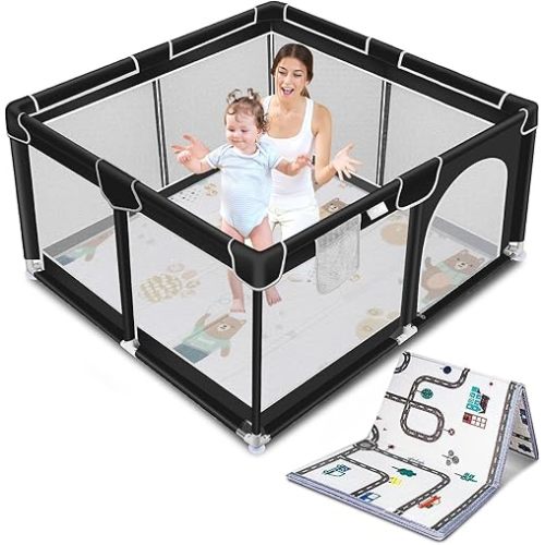 Suposeu Baby Playpen with Anti-Slip Mat for Indoor and Outdoor Playard Kids Activity Center with Gate, Portable Baby Fence Area for Babies and Toddlers, Black