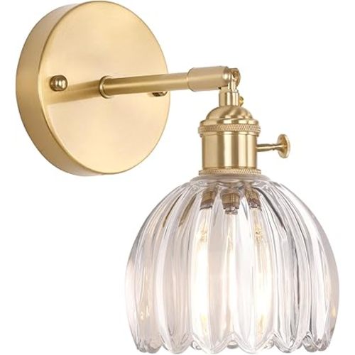 Vintage Wall Sconces with Cute Transparent Tulip Glass Lampshade 180 Degree Adjustable Brass Sconces Hardwired Modern Wall Lighting Fixture with Switch for Bedside Bedroom Doorway