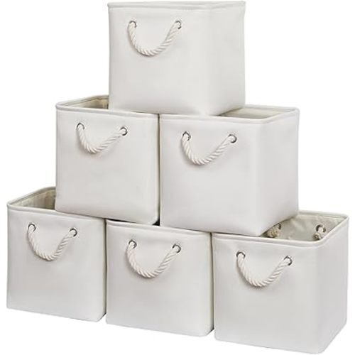 11 x 11 Inch Storage Cubes, 6 Pack Large Collapsible Fabric Storage Bin with Ropes, Foldable Storage Cubes for Home, Office,Closet, Clothes, Toys Organizer (White)
