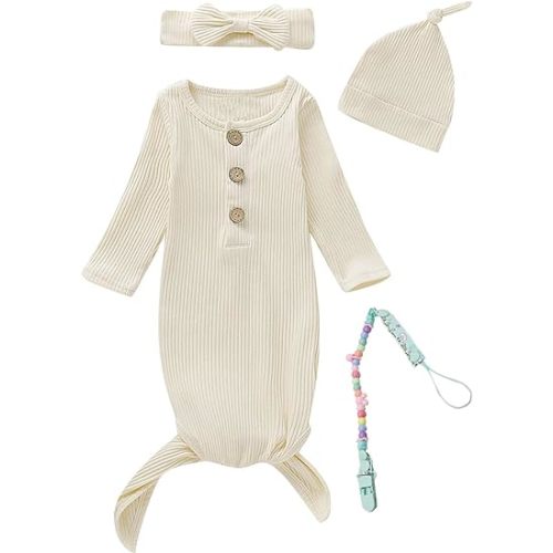 Newborn Cotton Nightgowns Neutral Baby Knotted Sleeper Baby Coming Home Outfit - White - 0-6 Months