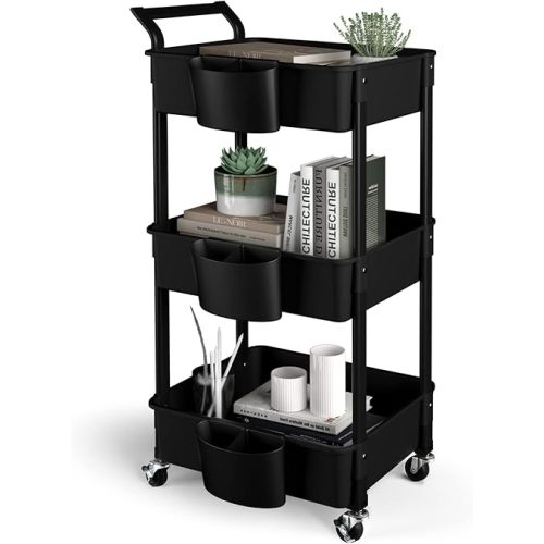 3-Tier Utility Rolling Cart,Mobile Utility Cart with Lockable Caster Wheels,Storage Shelves Organizer Cart, 3 Hanging Baskets, Easy Assembly,for Bathroom, Kitchen, Office, Workshop