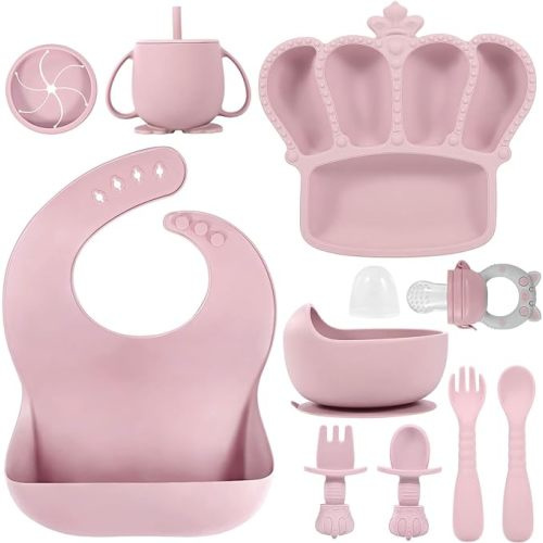 Silicone Baby Feeding Set, 10 Pcs Baby Led Weaning Supplies Suction Bowl Divided Plate Baby Bibs Fruit feeder Pacifier Baby Spoons Forks Sippy Cup Utensil Sets Baby Essentials for Newborn Gift Pink