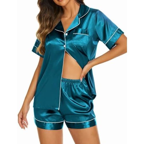 Ekouaer Womens Silk Satin Pajama Sets Short Sleeve Button Down Sleepwear Cozy Loungewear 2 Piece Pjs Shorts Set S-XXL