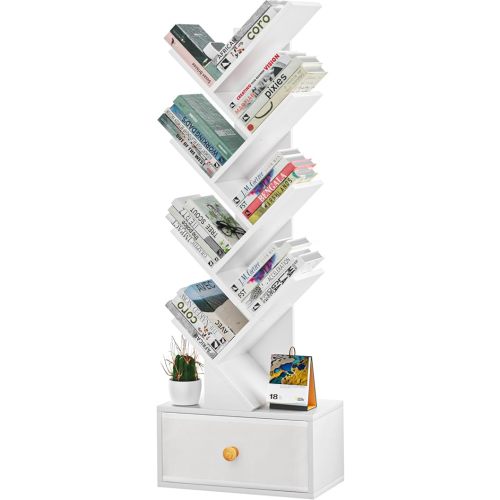 8 Tier Tree Bookshelf with Drawer, Free Standing Wood Bookcase for Living Room, Bedroom, Home Office, Space Saving Storage Organizer Bookshelves for Books, CDs, Vinyl Records- White