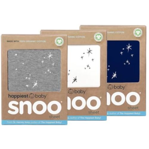 Happiest Baby SNOO Bassinet Fitted Sheet - 100% Organic Cotton Nursery Bedding - Fits SNOO Sleeper Crib Mattress - 3-Pack Bundle (White, Grey, Navy)