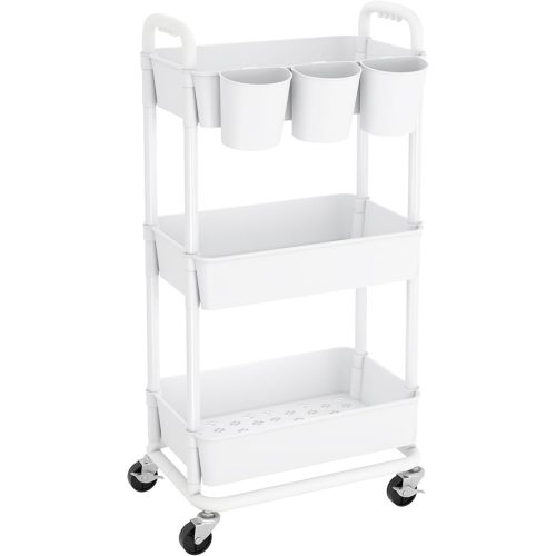 JIUYOTREE 3-Tier Plastic Rolling Storage Cart Utility Cart with Extra Hanging Cups Handles Lockable Wheels for Living Room Bathroom Kitchen Office White