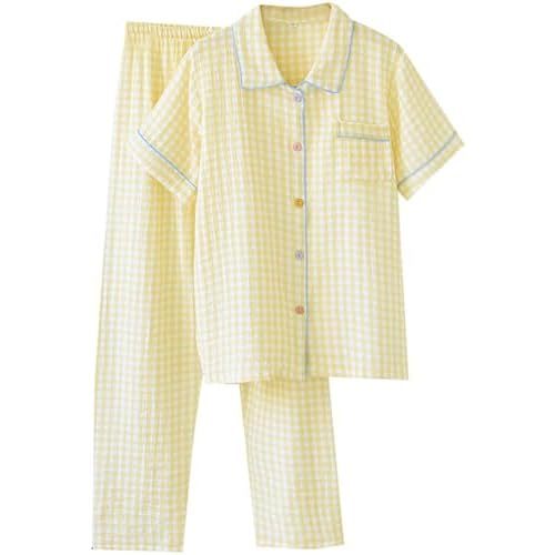 Pajamas for women Set Plaid Cotton Gauze Short Sleeve Tops and Pants Loungwear Pjs Gingham Lounge Set