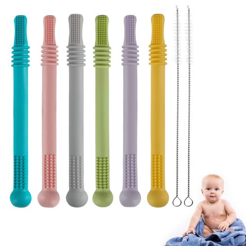 Baby Teether Safe Silicone Chewy Straw Toy Multi-color Baby Molar Stick Teething Toys For Infant Toddler 6+2