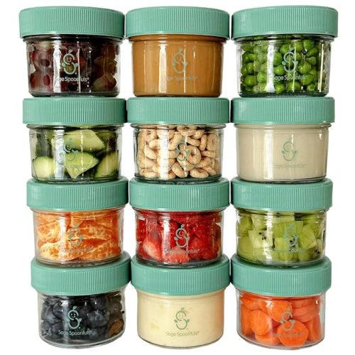 Sage Spoonfuls -12 Pack, 4 oz Baby Food Jars, Glass Baby Food Containers with Lids - Freezer Storage, Leakproof, Reusable Small Glass Baby Food Containers, Microwave & Dishwasher Friendly - 12-Pack 4 Ounce Glass Jars