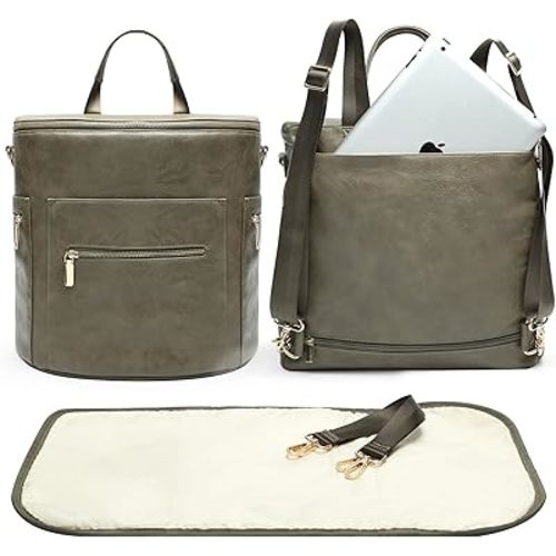 miss fong Diaper Bag Backpack Baby Diaper Bag, Large Leather Diaper Backpack with 16 Pockets Travel Diaper Bag with Diaper Changing Pad, Stroller Straps & 2 Insulated Pockets (Convertible, Forest)