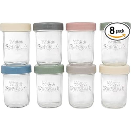 WeeSprout Glass Baby Food Storage Jars w/Lids (8 oz, 8 Pack Set) Snack, Puree, Reusable Small Containers, Breast Milk, Fridge or Freezer, Microwave & Dishwasher Safe, Essential Must Have for Infants