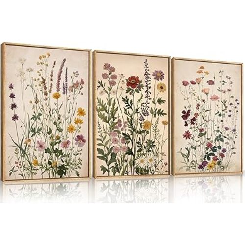 Vintage Wildflower Watercolor Framed Canvas Wall Art Set, Retro Flower Botanical Wall Decor, Colorful Floral Wall Painting, Flower Illustration Art Prints for Living Room, Bedroom 16"x24"x3
