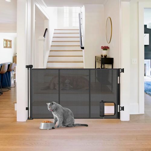 Reinforced 60” Wide Retractable Baby Gate with Cat Door 33” Tall Retractable Pet Gates with Reinforced Strips Mesh Dog Gate with Cat Door Mesh Gates for Kids or Pets Cats Can in and Out Freely,Black