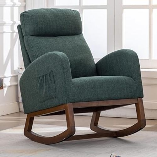 Rocking Chair Nursery, Glider Chair with High Back and Side Pocket, Solid Wood Frame Armchair with Non-Slip Padding for Nursery, Living Room, Bedroom(Green)