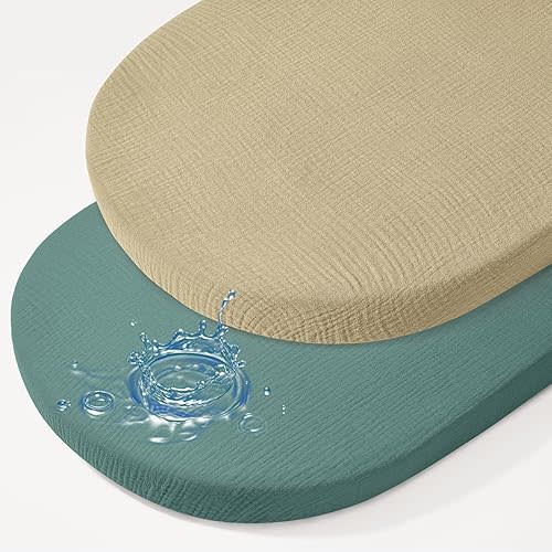 Baby Bassinet Sheets TPU Waterproof 2 Pack Soft Muslin Bedside Bassinet Mattress Sheets with Bottom Elastic Band for Baby Boy Girls Unisex Fit Hourglass Oval and Rectangle, Green Ivory