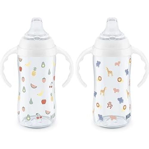 NUK Learner Cup, 8+ Months, Fun Fruits and Animals, Amazon Exclusive Collection, 10 Oz, Pack of 2, BPA-Free, Soft Spout, Spill Proof Sippy Cup