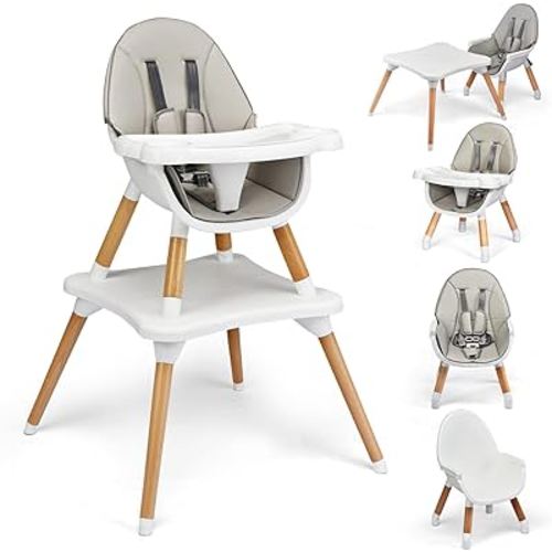 HONEY JOY Baby High Chair, 5-in-1 Convertible Wooden Highchair for Babies and Toddlers/Table and Chair Set/Toddler Chair with Safety Harness, 4-Position Removable Feeding Tray (Gray)